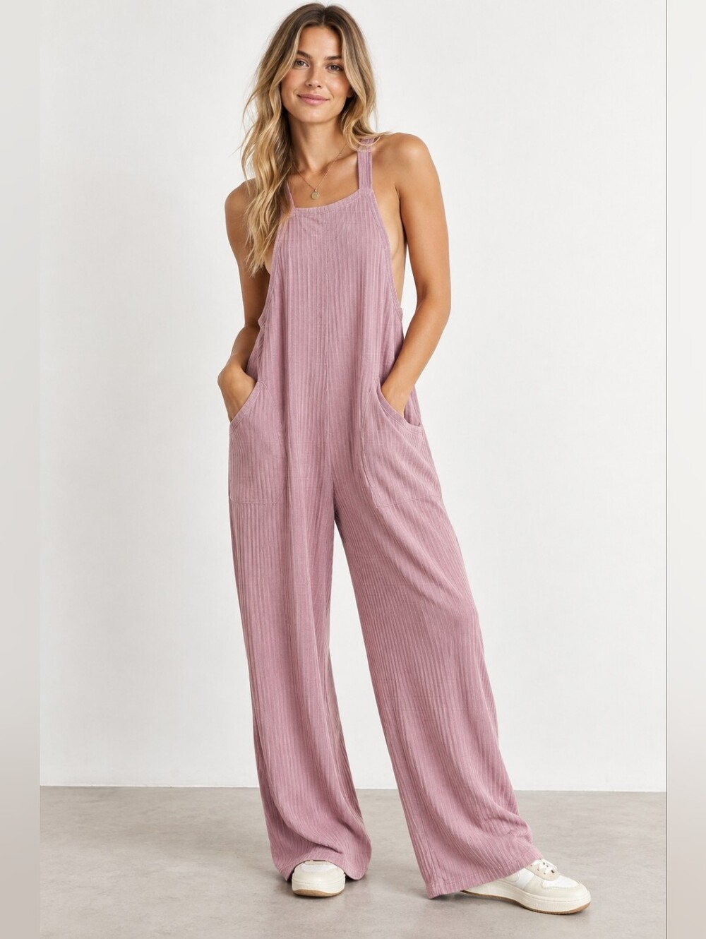Discreet New York City Mauve Ribbed Slouchy Wide Leg Jumpsuit XL Pockets
